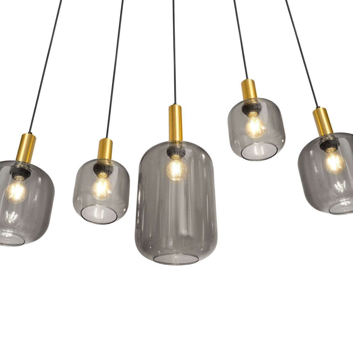 Pendelleuchte oval, schwarz mit goldfarbenen Akzenten und Smoke-Glas, 5-flammig