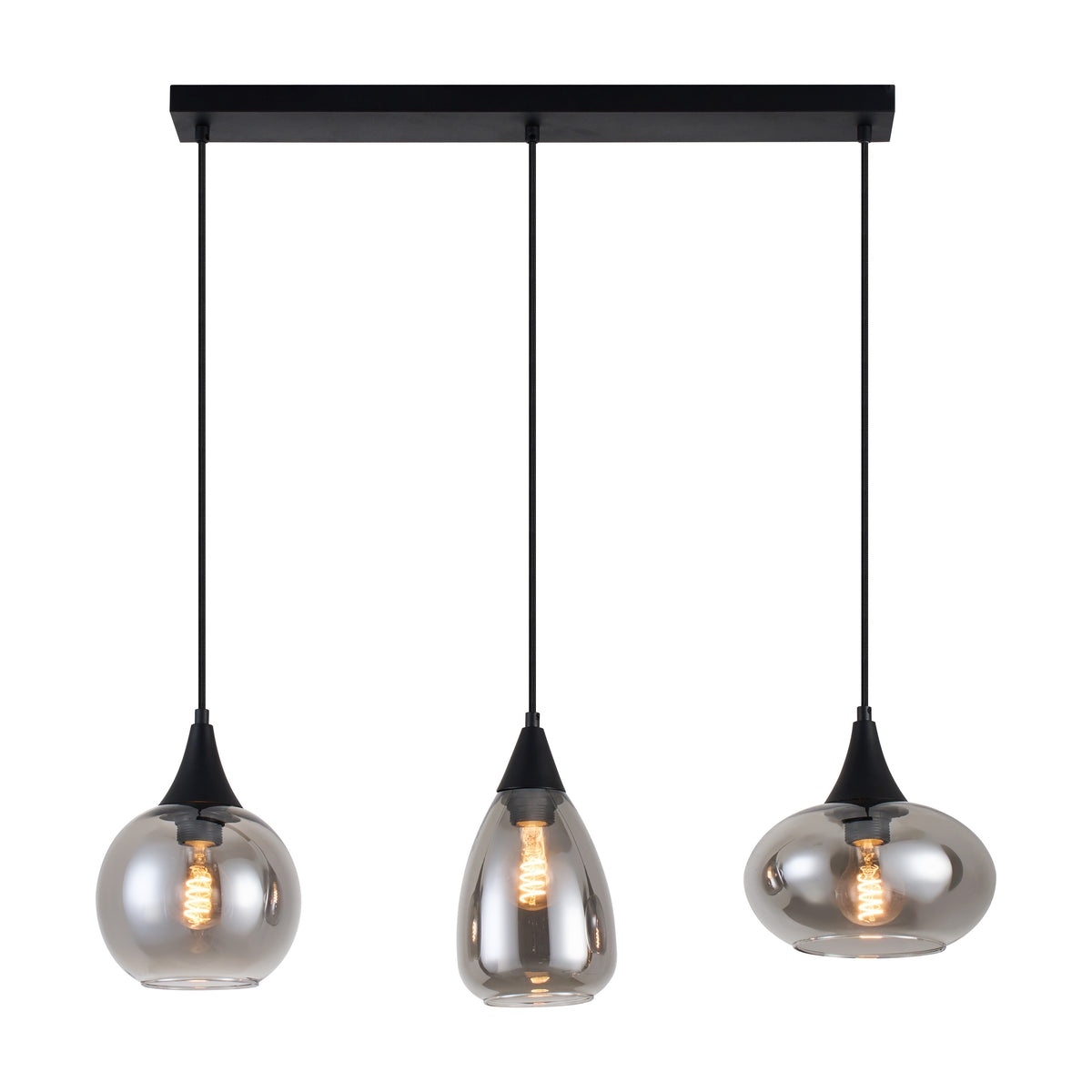 Hanglamp langwerpig Smokeglas 3-Lichts – Zwart met E27 Fittingen