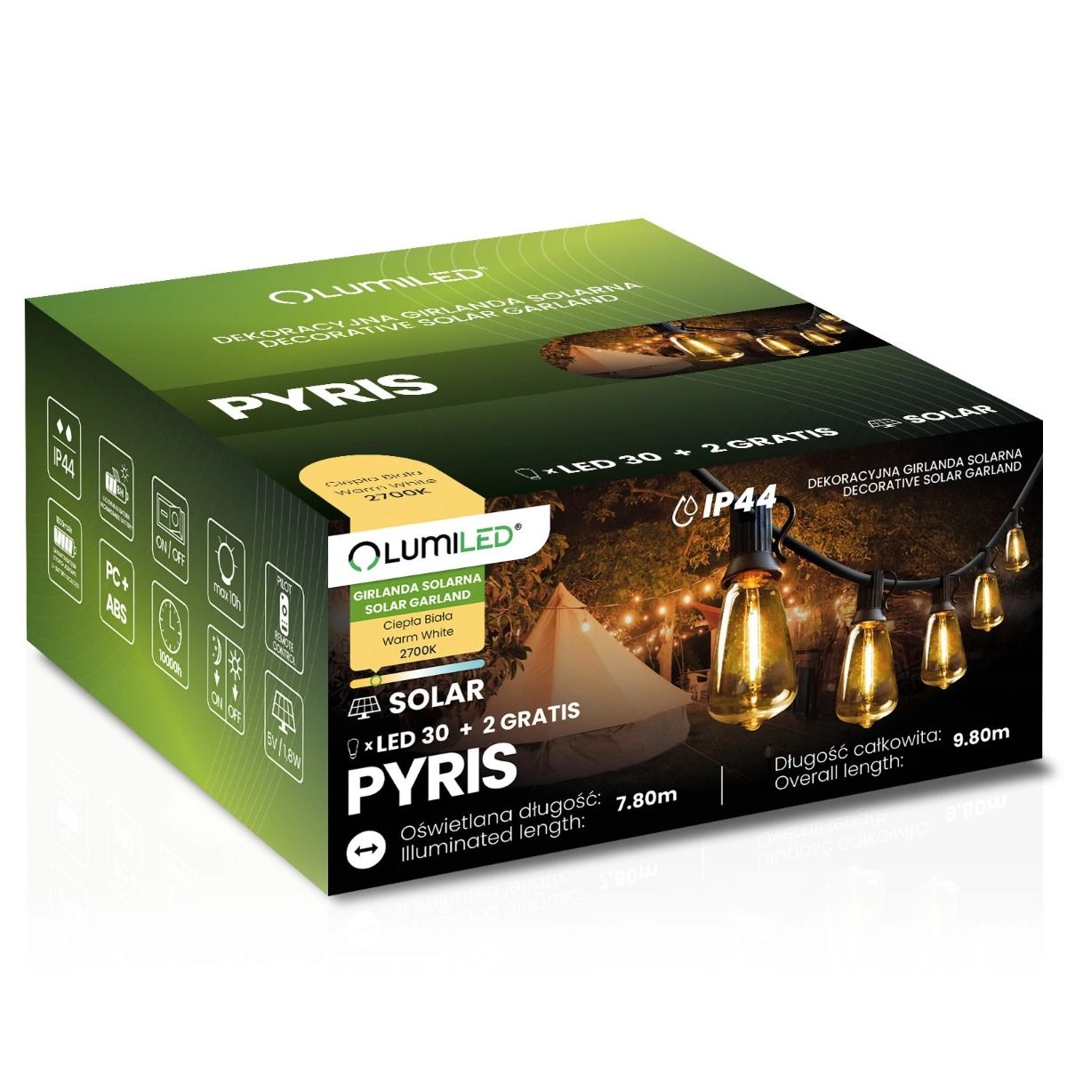 Solar-Lichterkette – 30 LEDs – 9,8 m – 2700K warmweiß – Mit Fernbedienung
