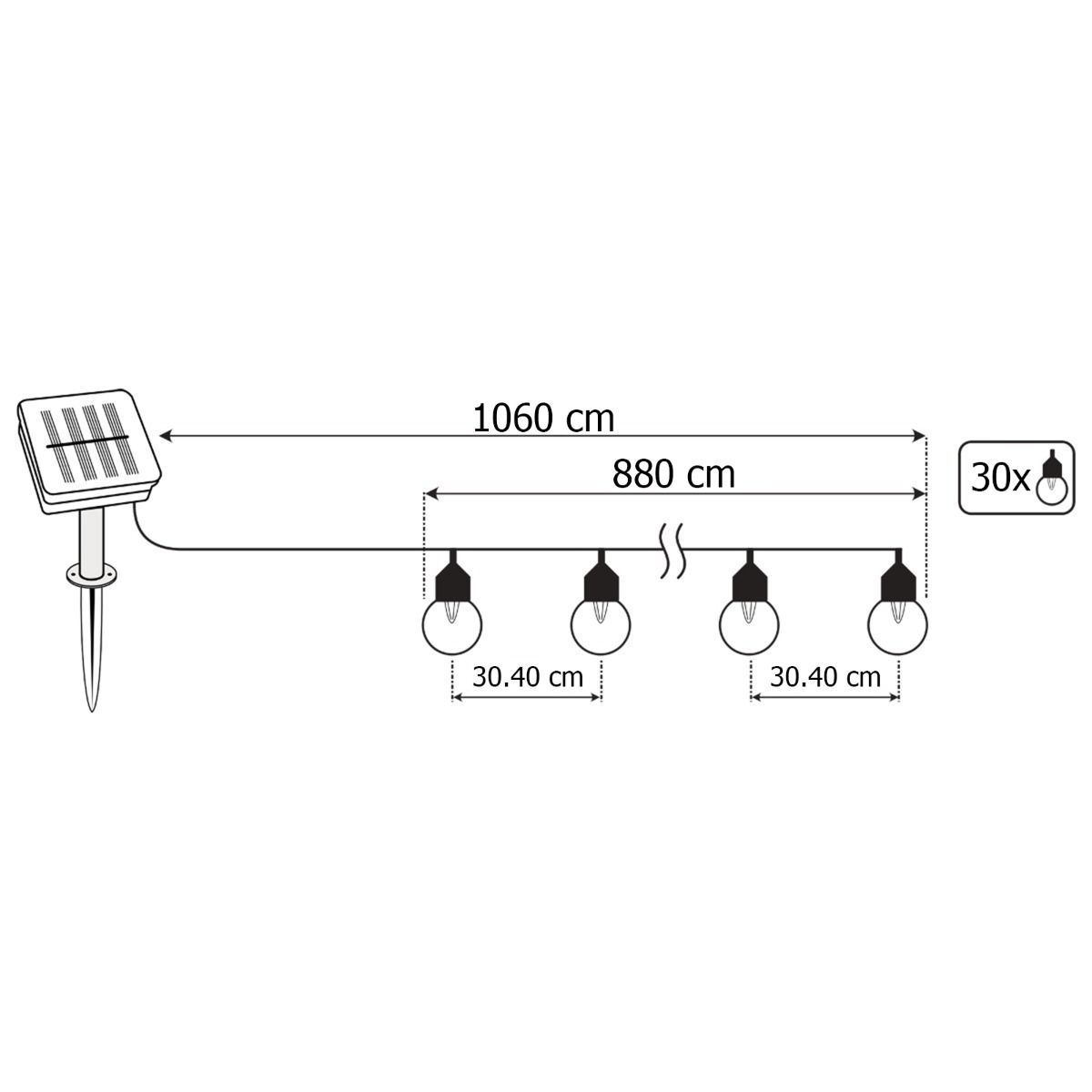 Gartenlichterkette – 30 LED-Kugeln – 10,6 m – Warmweiß 3000K – Wetterfest & Dekorativ