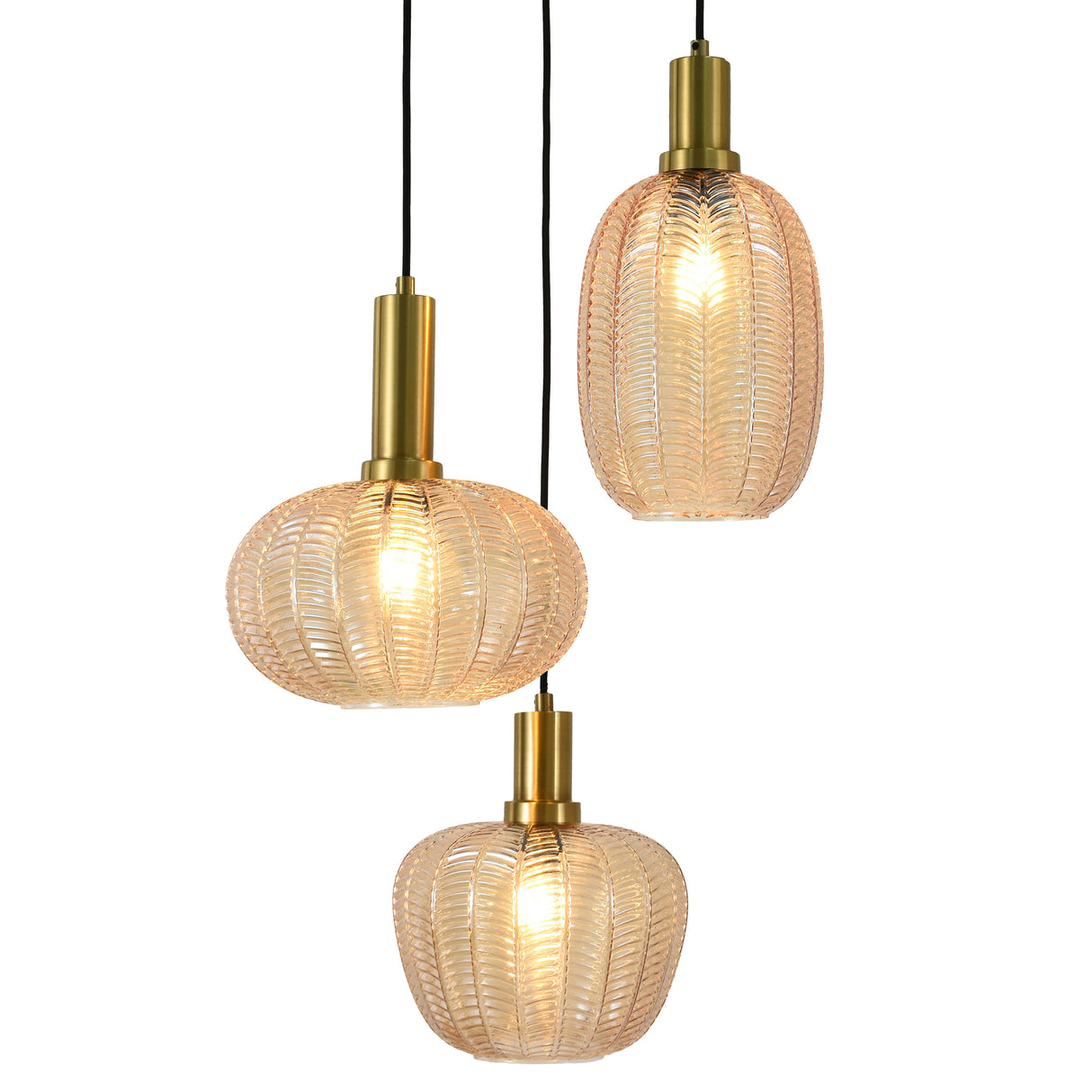Hängelampe Schwarz mit Messing und Amberglas – 3-flammig – Liva