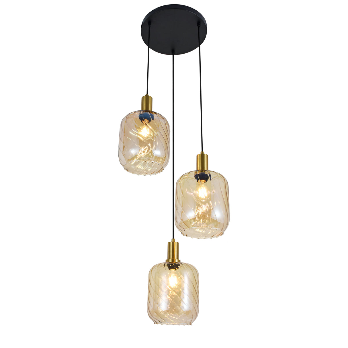 Hängelampe Schwarz mit Messing und Amberglas – 3-flammig – Nox