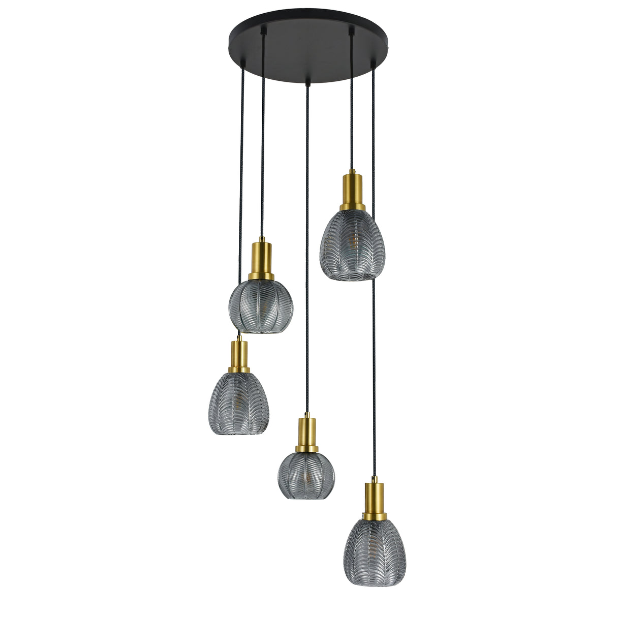 Hängelampe Sanne – Schwarz mit Rauchglas und Messing – 5 Lichtquellen