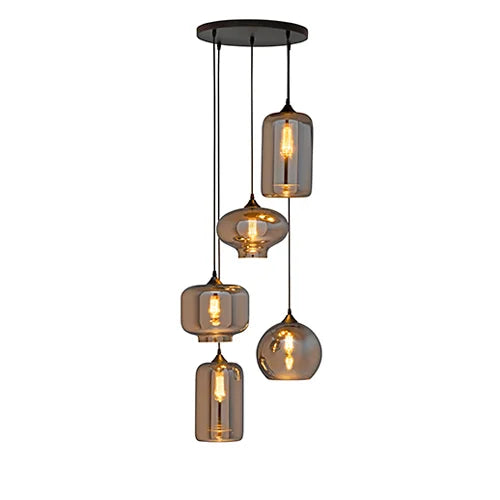 Hanglamp 5-Lichts rookglas industrieel zwart eettafel