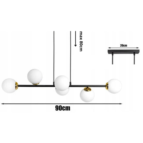 hanglamp 6 lampen witte bol zwart goud boven eettafel