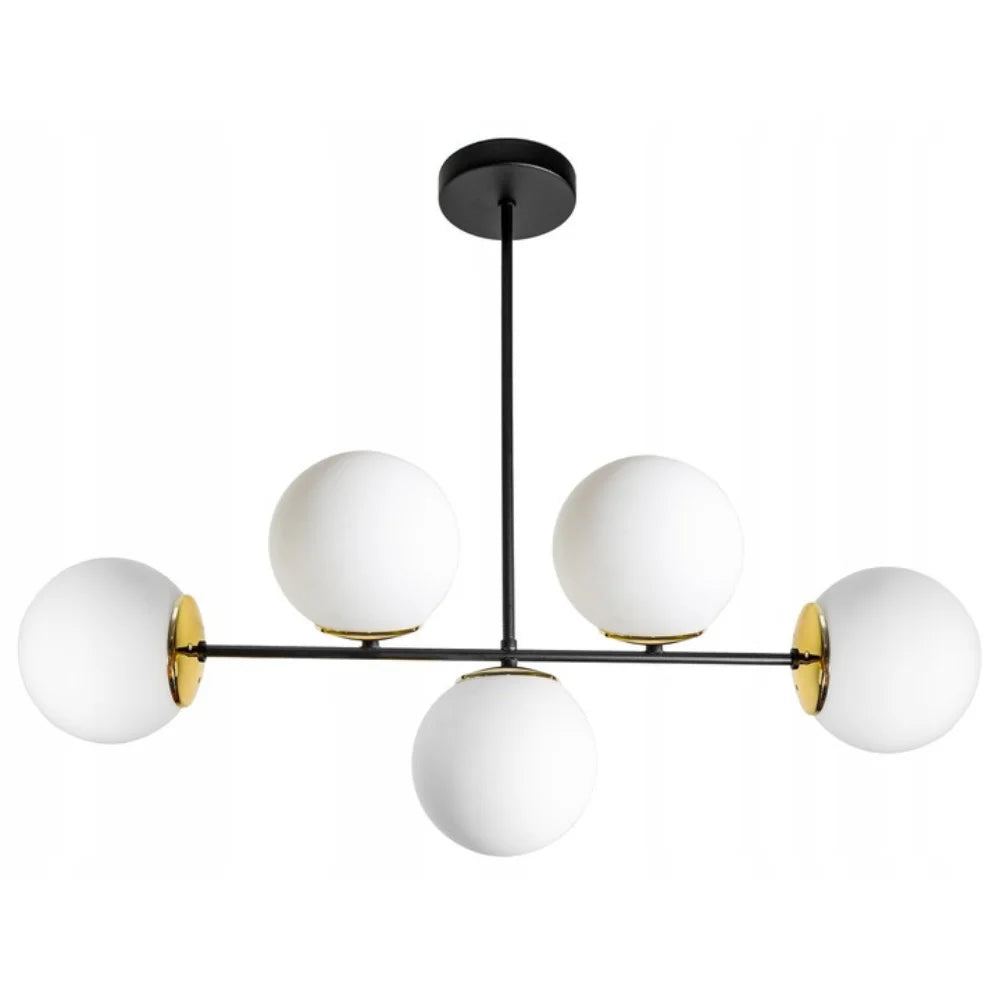 gouden plafondlamp met witte bollen en zwart frame