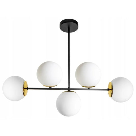 gouden plafondlamp met witte bollen en zwart frame