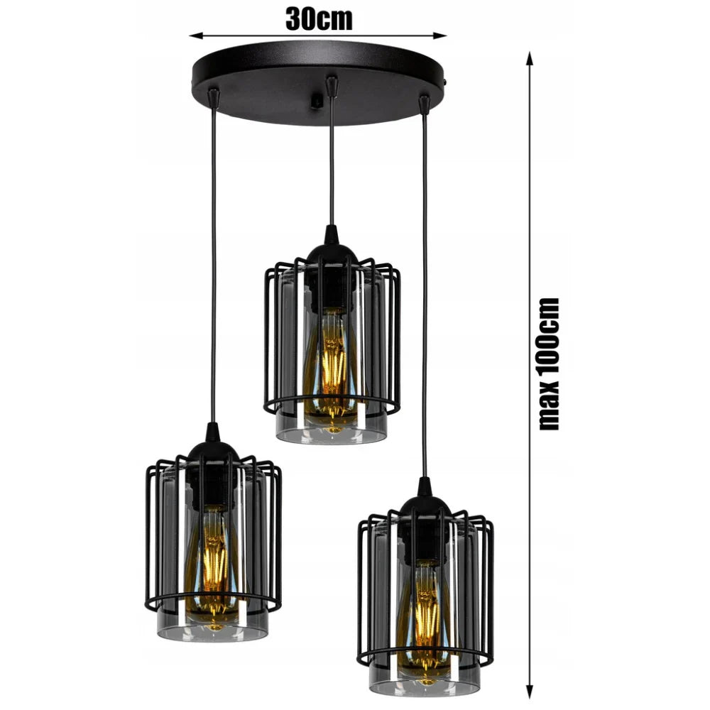 Industriële hanglamp rond met drie draadkappen zwart
