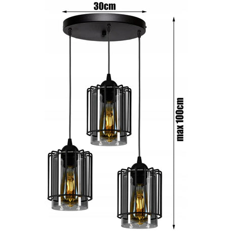 Industriële hanglamp rond met drie draadkappen zwart