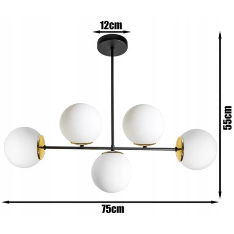 gouden plafondlamp met witte bollen en zwart frame