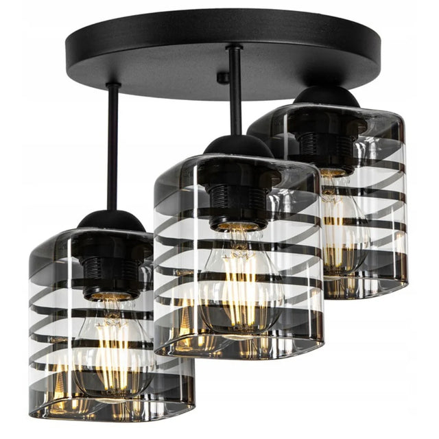 plafondlamp industrieel 3-lamps met glasstroken zwart