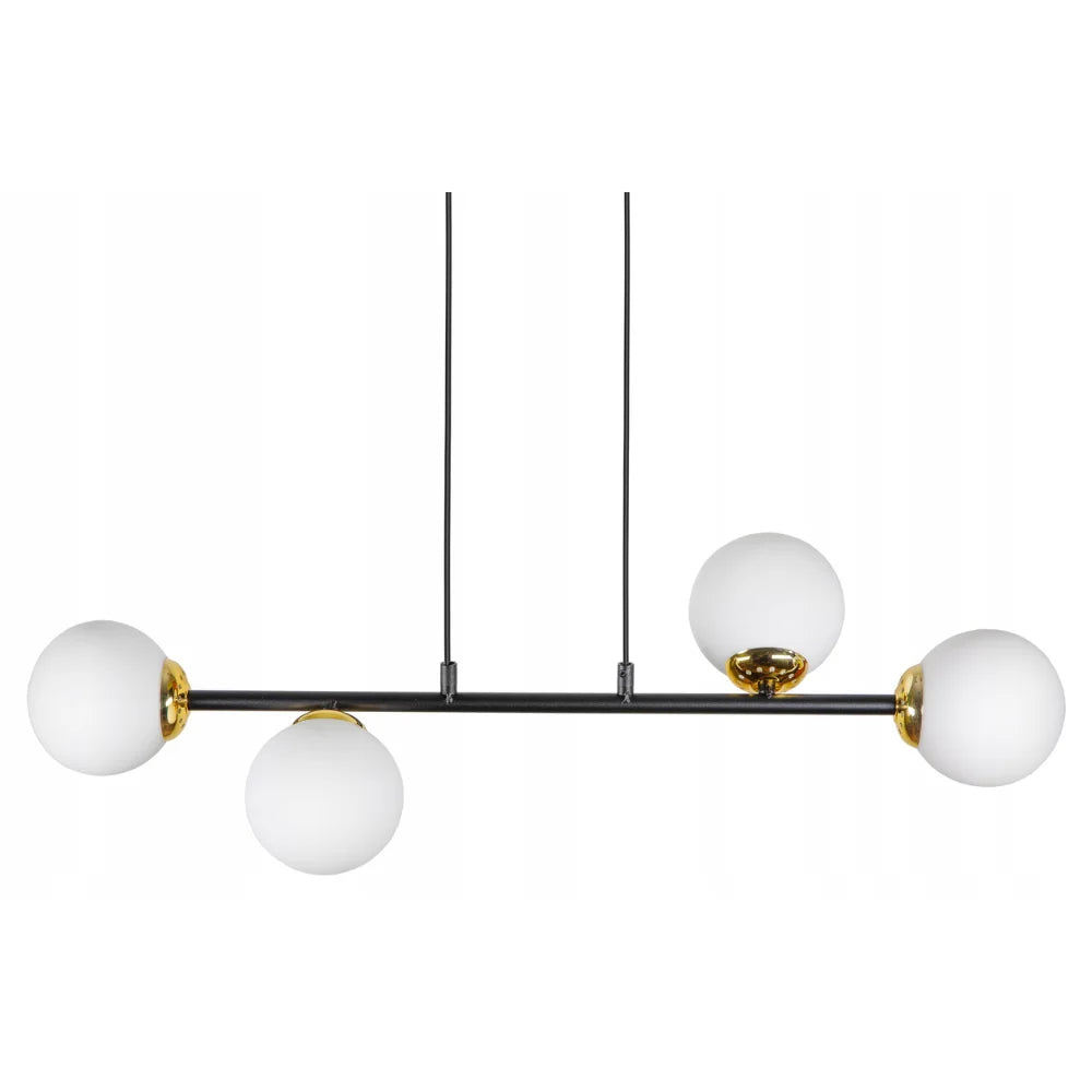Witte bol hanglamp zwart goud met 4 lampen boven eettafel