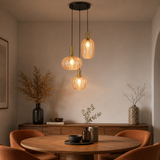 Hängelampe Schwarz mit Messing und Amberglas – 3-flammig – Liva