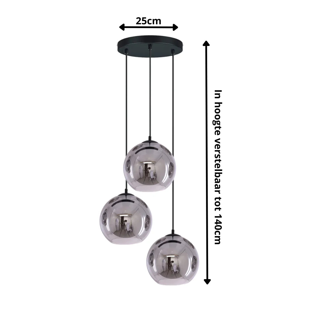 Hanglamp 3-lichts rookglas zwart voor woonkamer eetkamer
