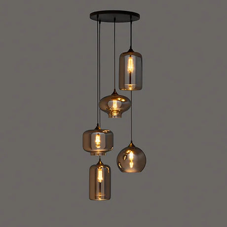 Hanglamp 5-Lichts rookglas industrieel zwart eettafel