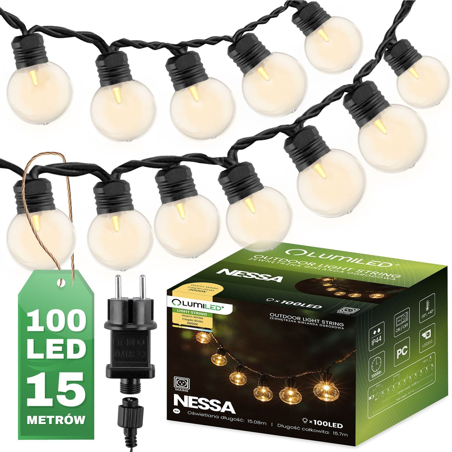 Garten-LED-Lichterkette 16 m – 100 warmweiße LEDs (3000K)