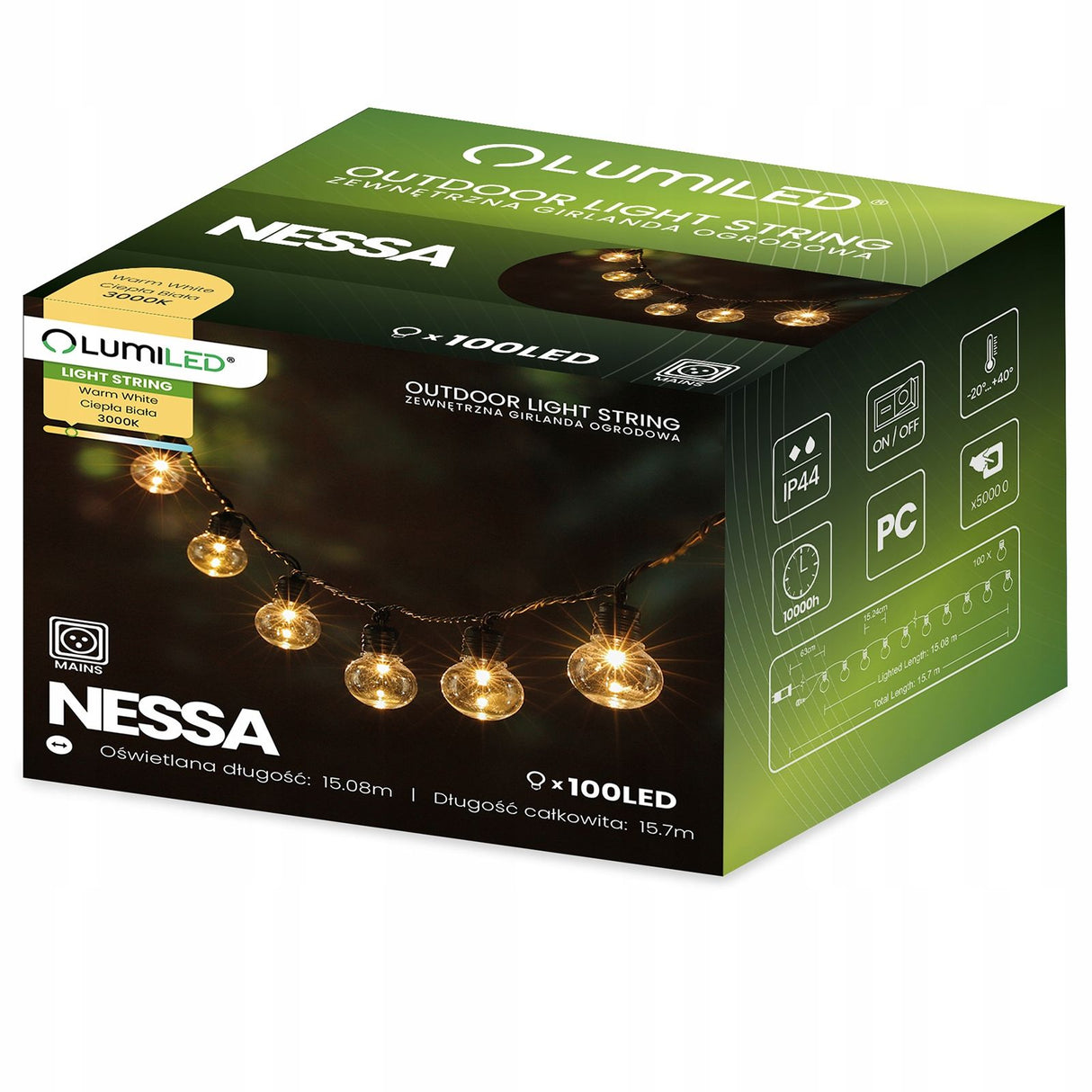 Garten-LED-Lichterkette 16 m – 100 warmweiße LEDs (3000K)