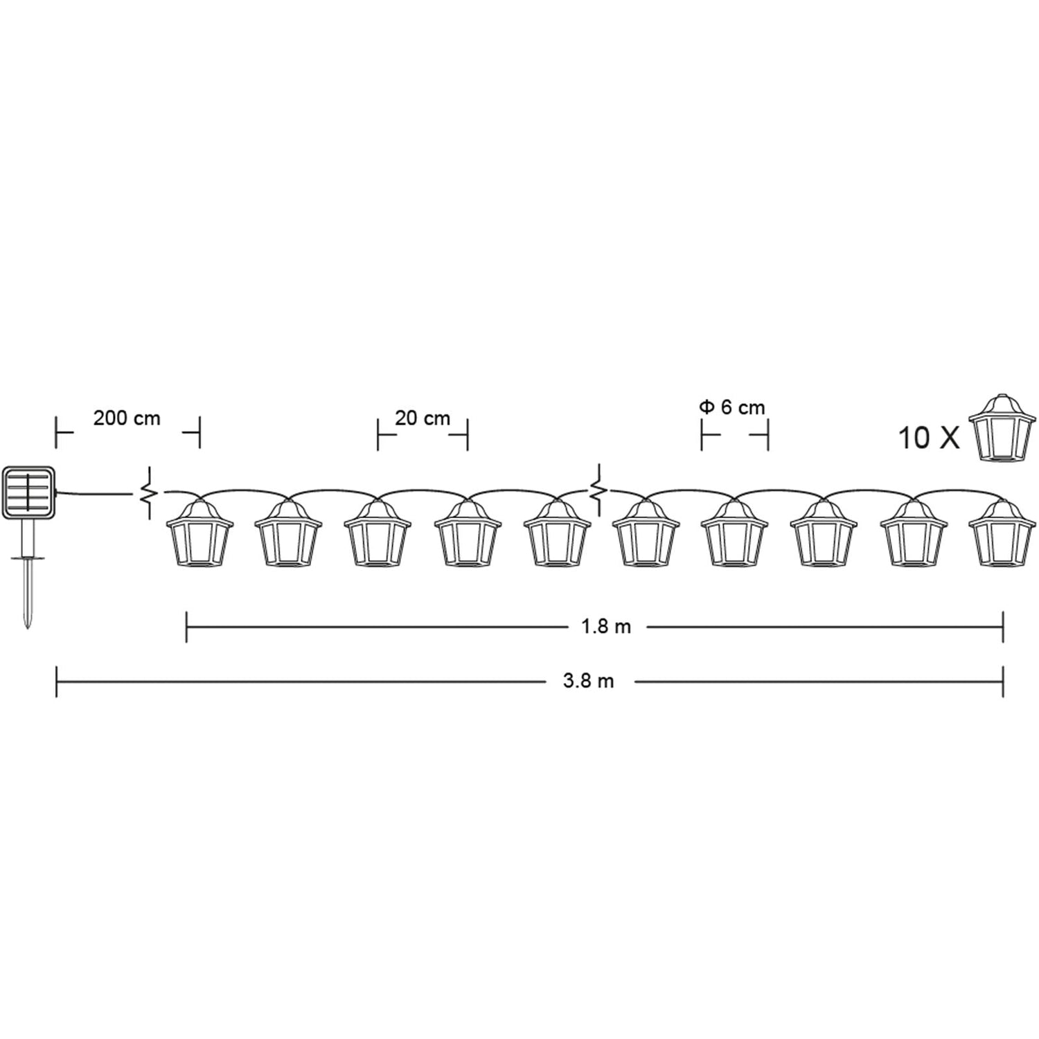10 LED-Laternen – 3,8 m – Warmweiß 3000K – Dekorativ & Wetterfest
