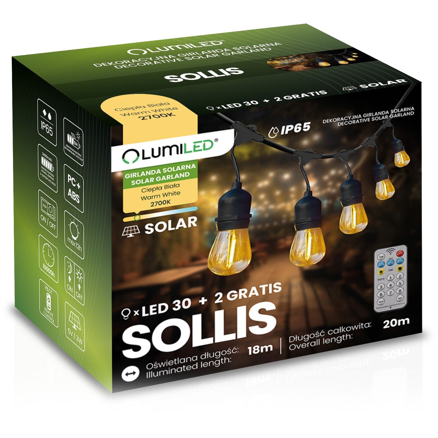 Solar-Gartenlichterkette – 30 LEDs – 20 m – Warmweiß 2700K – IP65 – Mit Fernbedienung