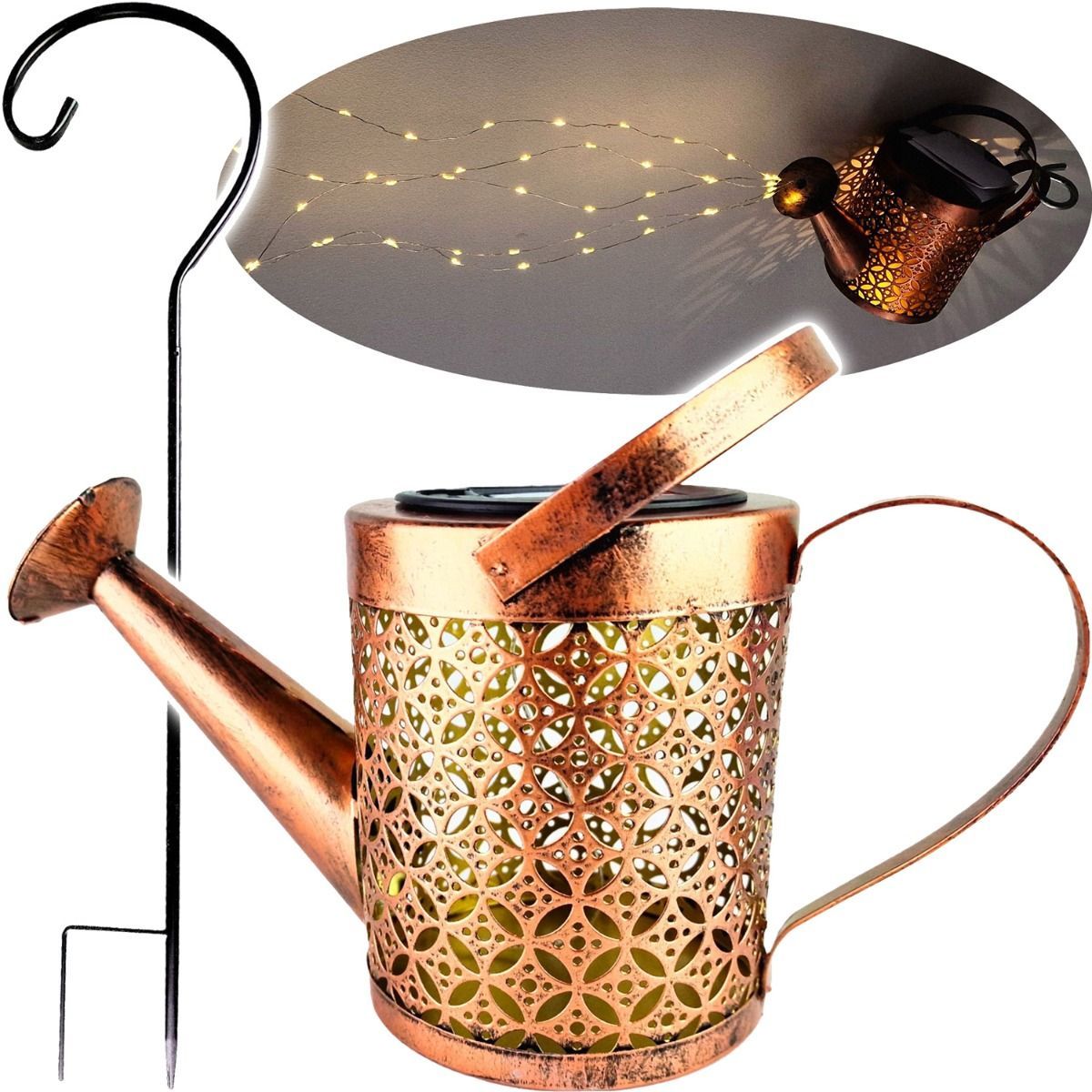 Solar-LED-Gartenleuchte – Gießkannendesign, Kupferfarbe, IP44, 3000K warmweiß