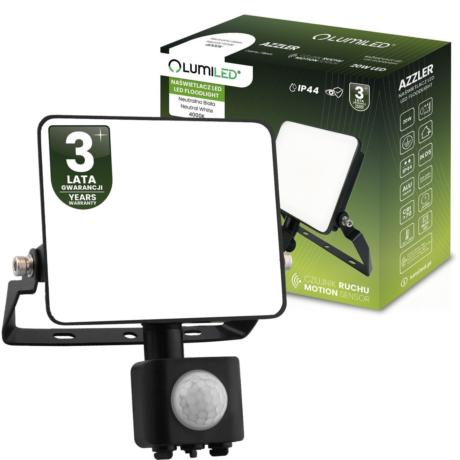 LED-Strahler – 20W – 2400 Lumen – 4000K – IP44 – Mit Bewegungsmelder – Halogenoptik