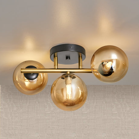 Plafondlamp Goud met 3 Amber Glasbollen