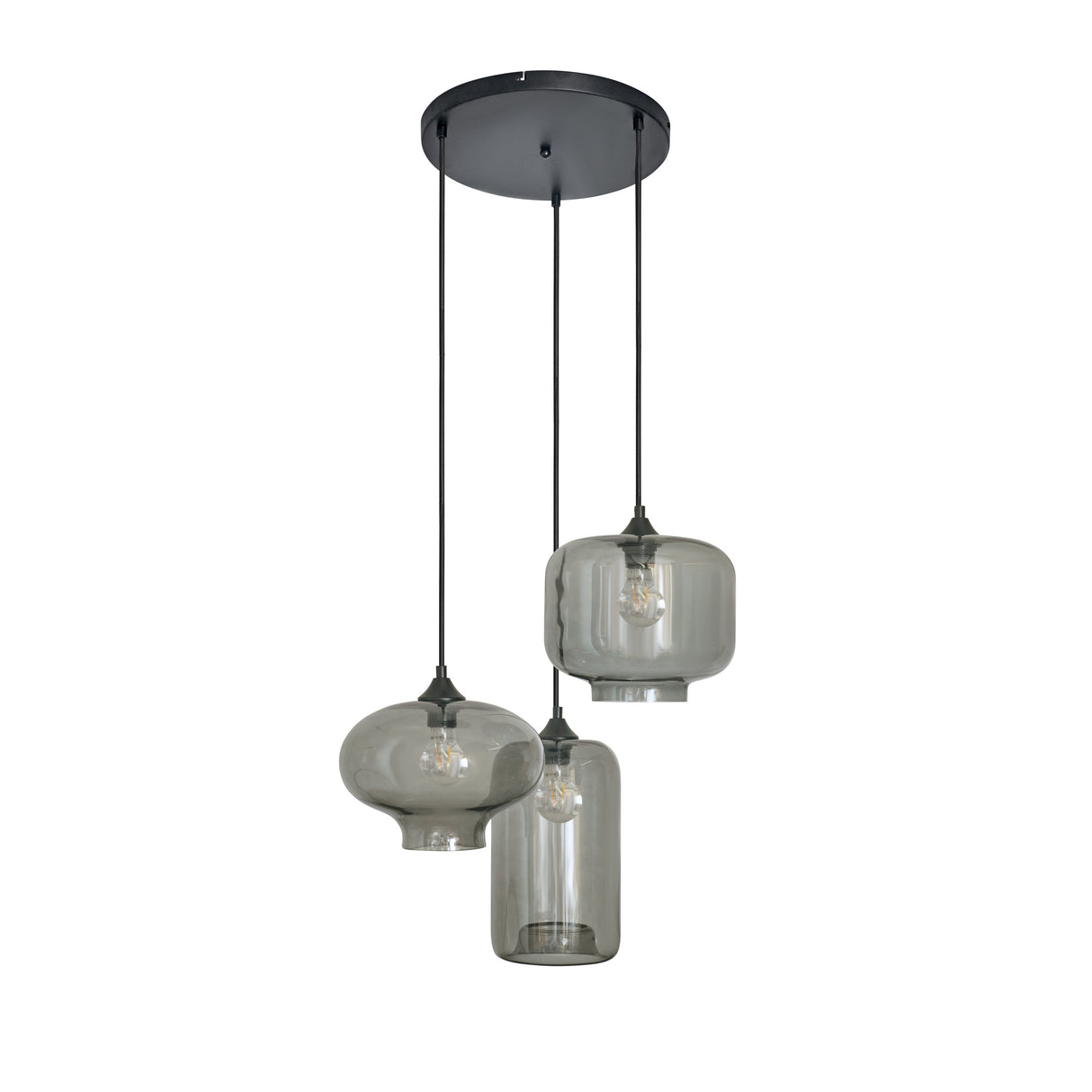 Pendelleuchte – 3-flammig, Mix aus Rauchglas, Industrial-Stil, Schwarz, für Wohn- & Esszimmer