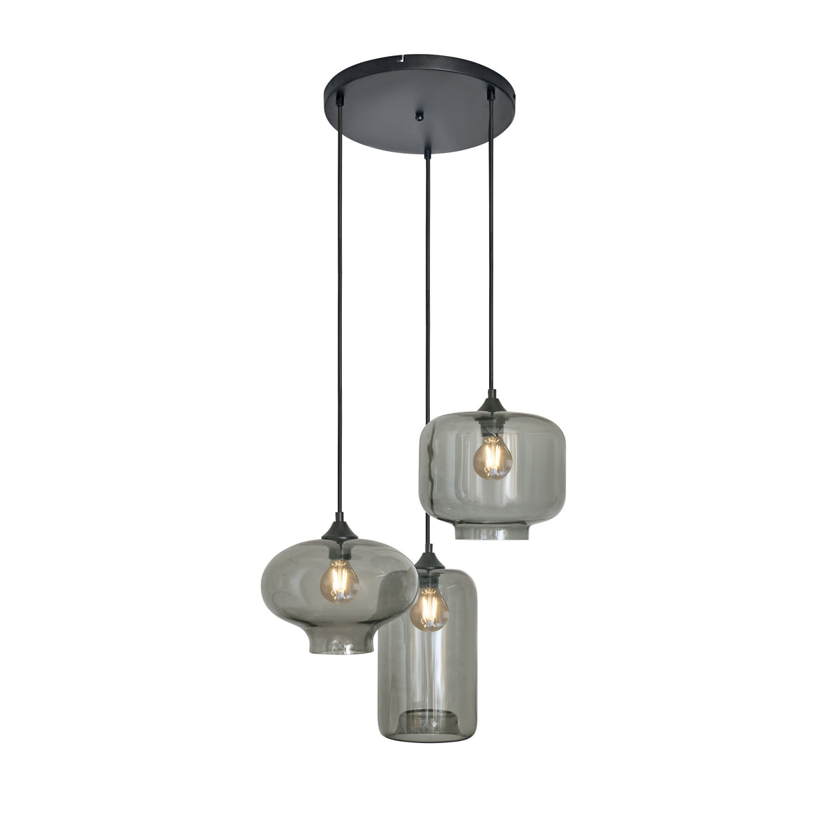 Pendelleuchte – 3-flammig, Mix aus Rauchglas, Industrial-Stil, Schwarz, für Wohn- & Esszimmer